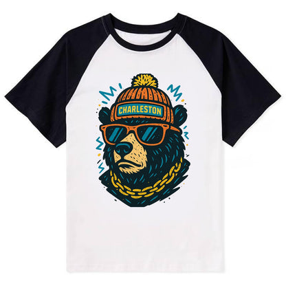 West Virginia Black Bear wearing Charleston beanie with pom pom and - Contrast Raglan T-shirt - Black