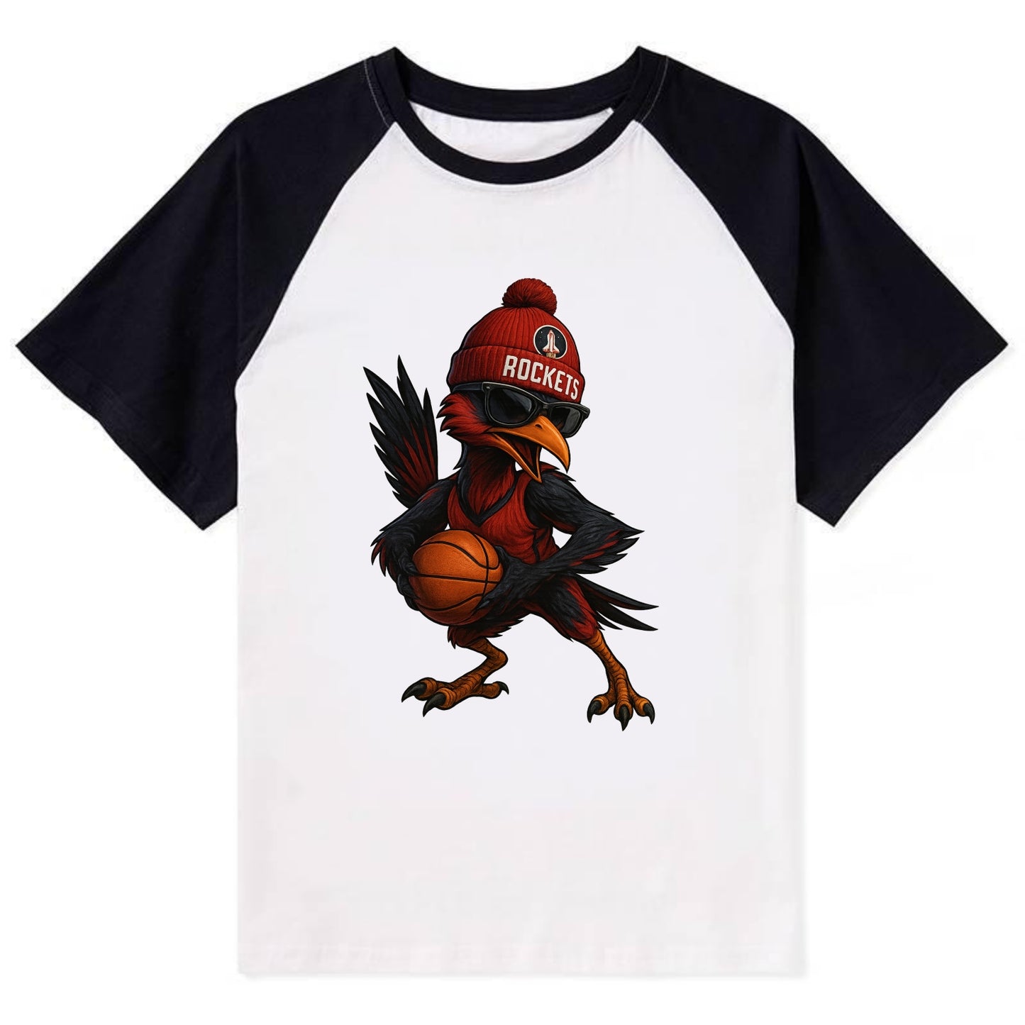 Houston Roadrunner wearing Rockets beanie with launch pad patch and - Contrast Raglan T-shirt - Black