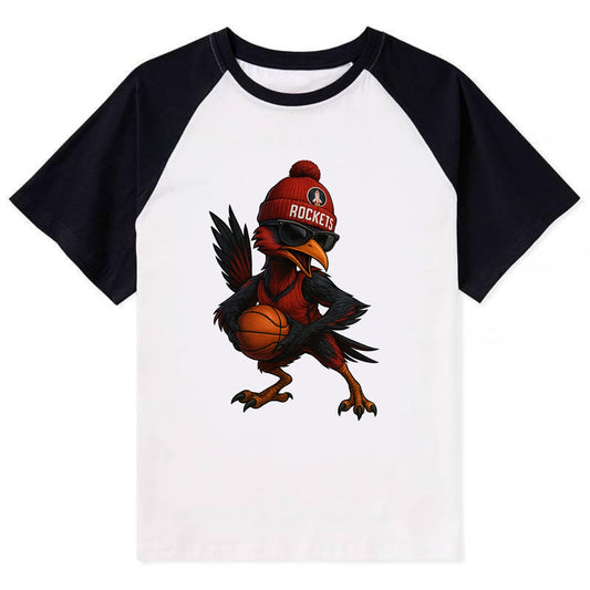 Houston Roadrunner wearing Rockets beanie with launch pad patch and - Contrast Raglan T-shirt - Black