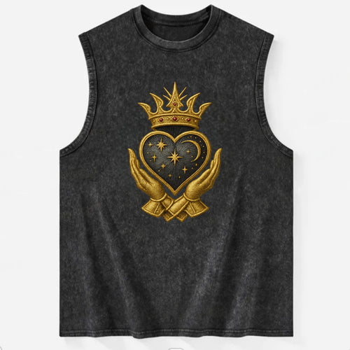 Hammered bronze warrior crown anchoring a dark steel heart with - Vintage Washed Tank