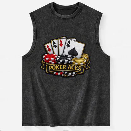 Embroidered patch design - POKER ACES - four aces with chips in red, black - Vintage Washed Tank - Black