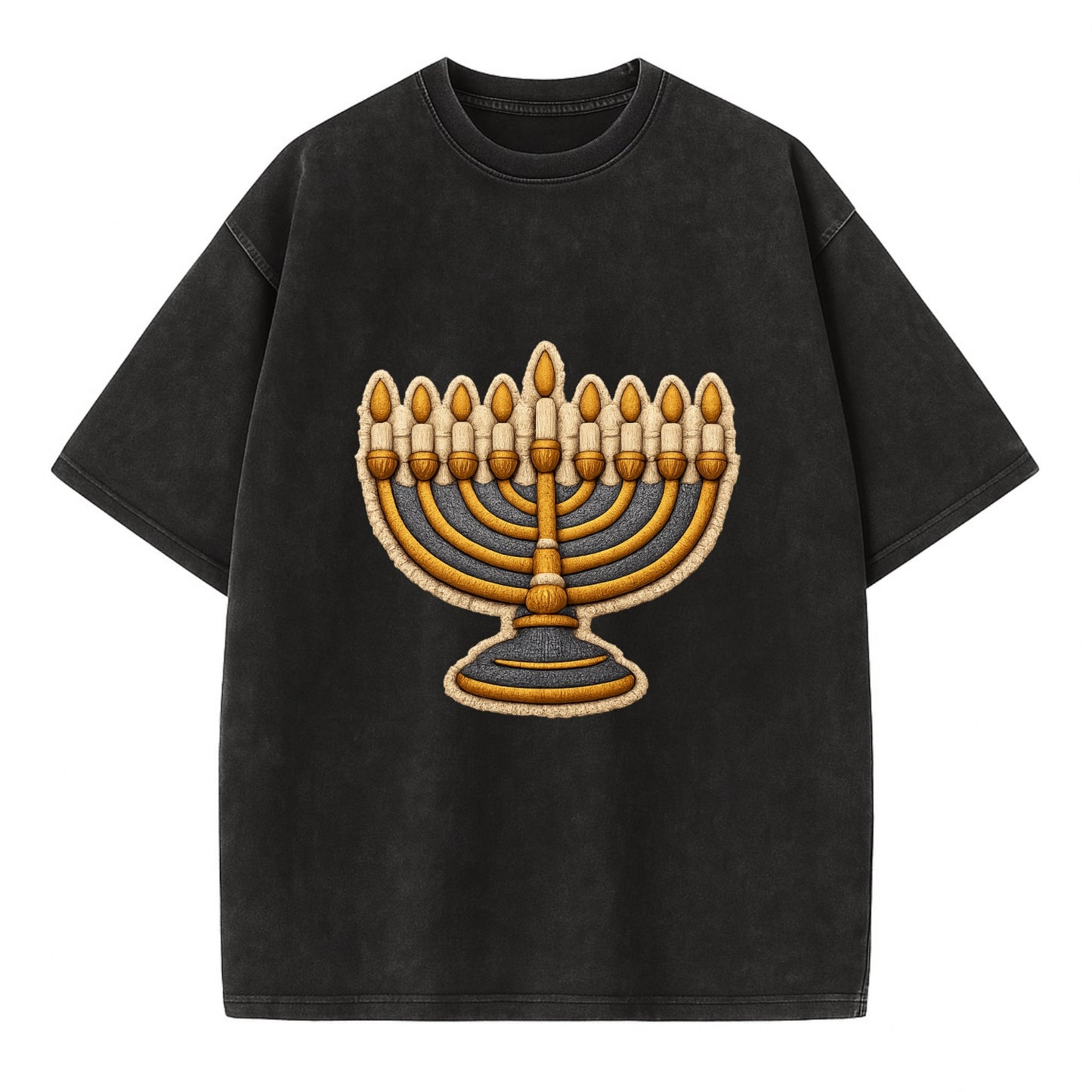 MENORAH LIGHTS - nine branch candelabra in gold and blue , Hanukkah - Vintage T-shirt - Black