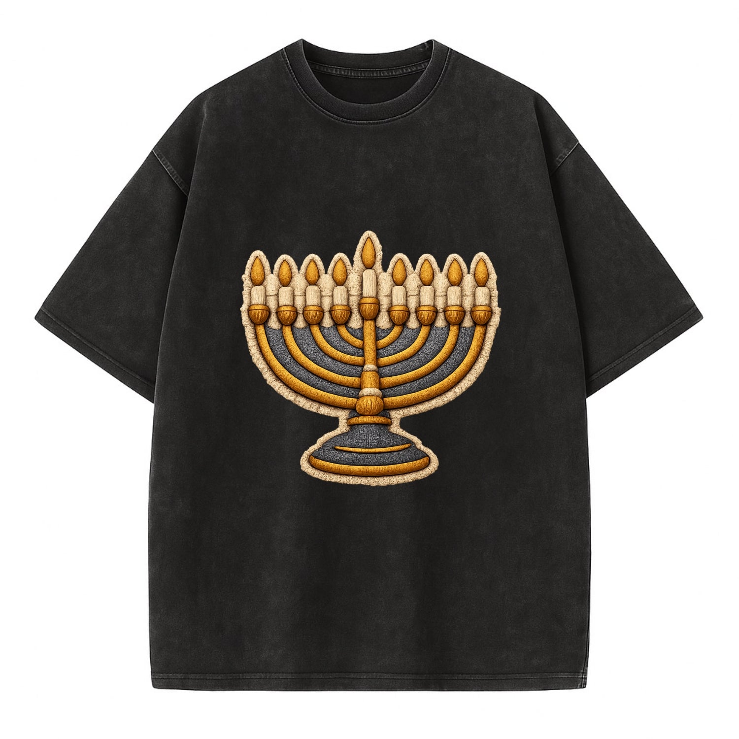 MENORAH LIGHTS - nine branch candelabra in gold and blue , Hanukkah - Vintage T-shirt - Black