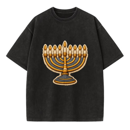 MENORAH LIGHTS - nine branch candelabra in gold and blue , Hanukkah - Vintage T-shirt - Black