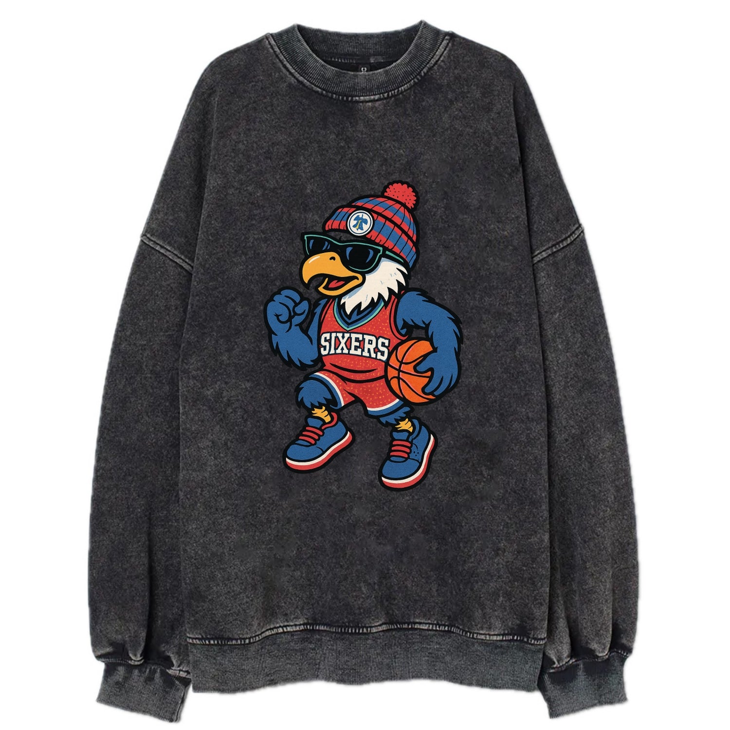 Philadelphia Eagle wearing 76ers red white and blue beanie with bell patch and - Vintage Sweatshirt - Black