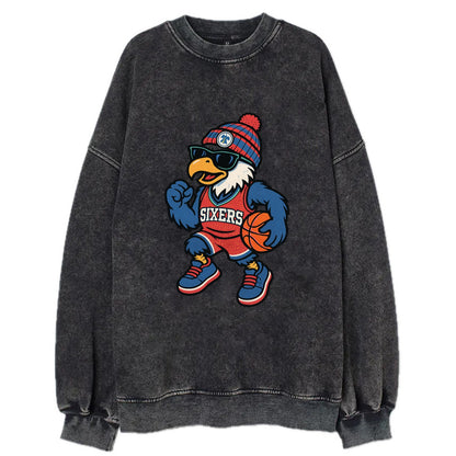 Philadelphia Eagle wearing 76ers red white and blue beanie with bell patch and - Vintage Sweatshirt - Black
