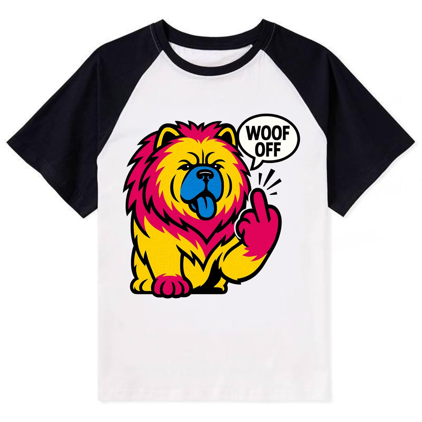 Chow Chow with lion mane and blue-black tongue, fluffy dignified paw up - Contrast Raglan T-shirt - Black