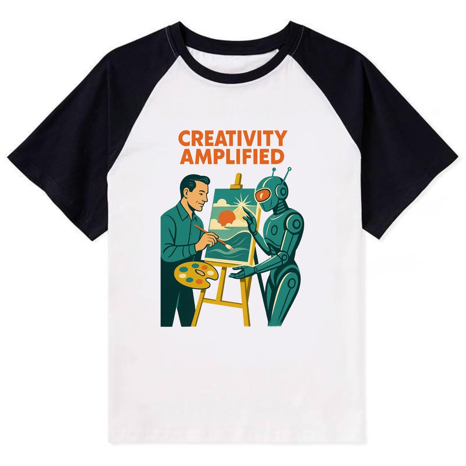 Artist and AI creating beautiful masterpiece together - "Creativity - Contrast Raglan T-shirt - Black