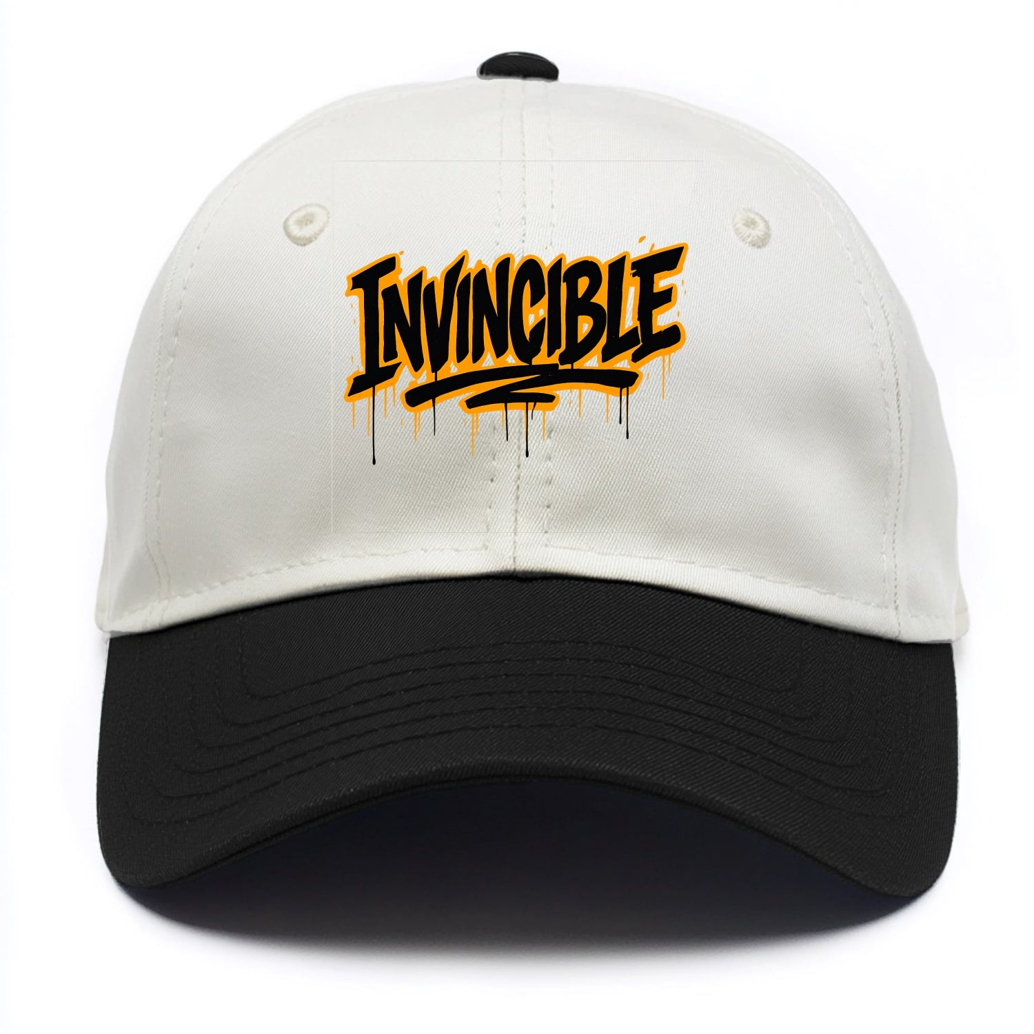 Bold typography design - "INVINCIBLE" - cannot be defeated, unconquerable - Two Tone Cap - Black