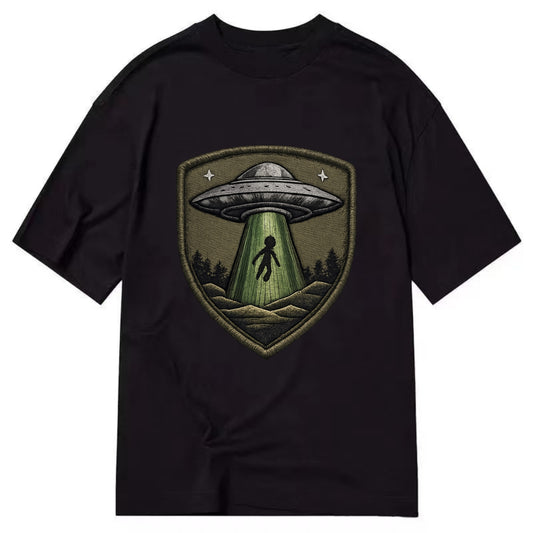 UFO ALIEN - flying saucer with beam in silver and green , extraterrestrial - Classic T-shirt - Black