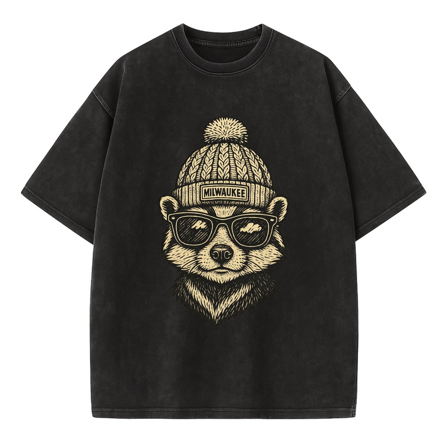 Wisconsin Badger wearing Milwaukee beanie with pom pom and wayfarer sunglasses - Vintage T-shirt - Black