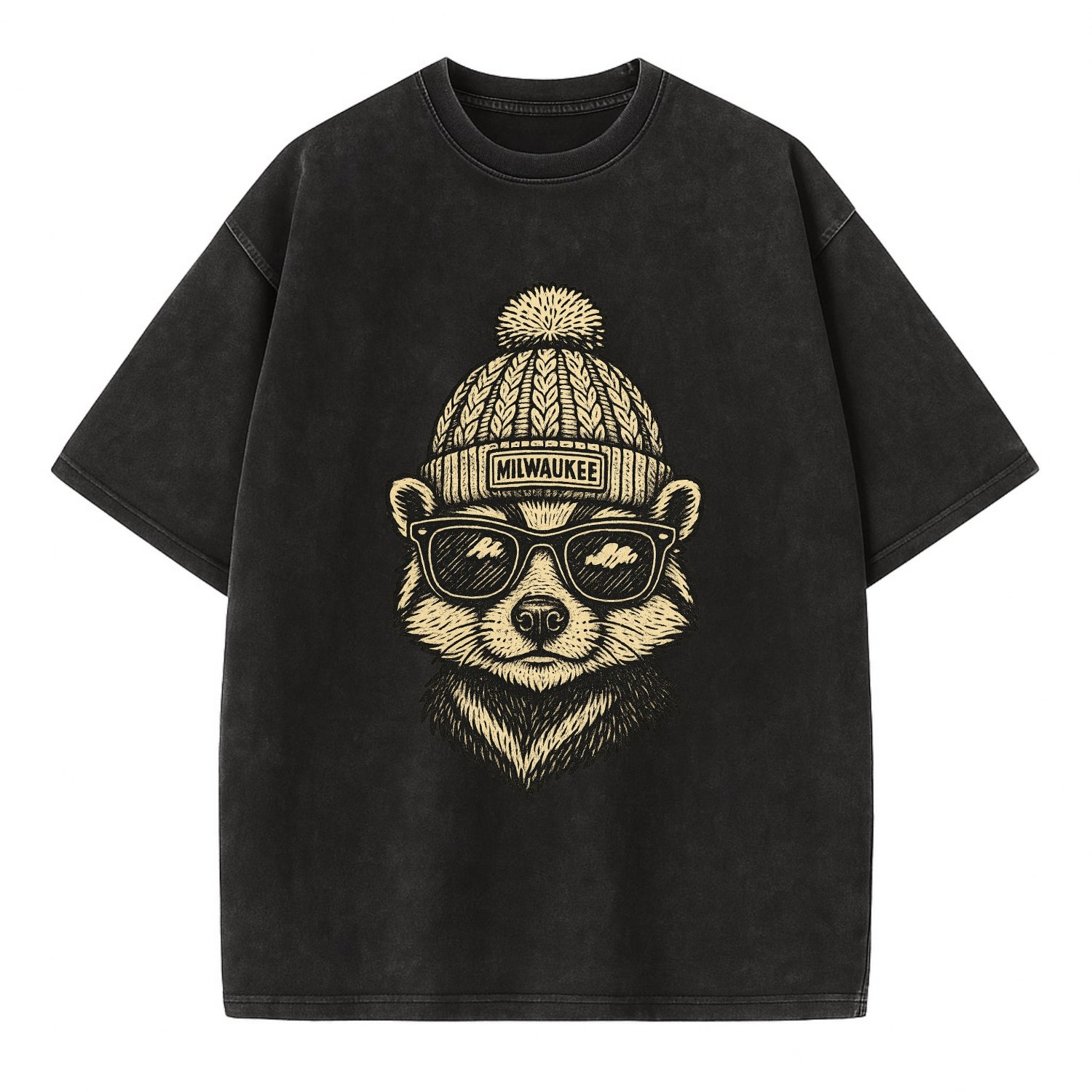 Wisconsin Badger wearing Milwaukee beanie with pom pom and wayfarer sunglasses - Vintage T-shirt - Black