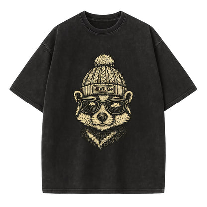 Wisconsin Badger wearing Milwaukee beanie with pom pom and wayfarer sunglasses - Vintage T-shirt - Black