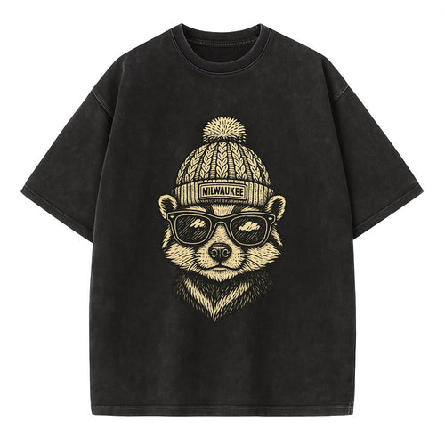 Wisconsin Badger wearing Milwaukee beanie with pom pom and wayfarer sunglasses - Vintage T-shirt