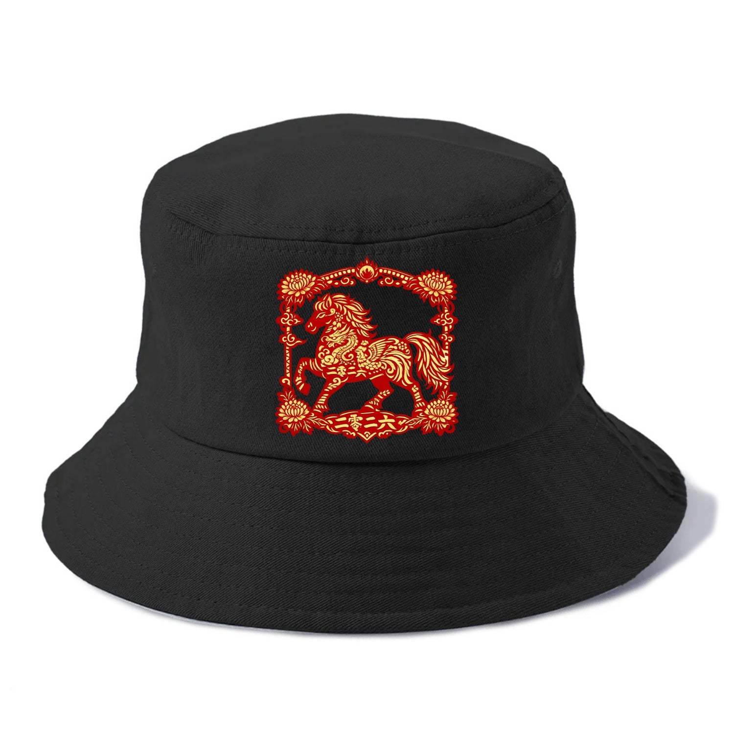 HORSE | Silk style horse design | Gold and silver thread appearance | Phoenix and - Bucket Hat - Black