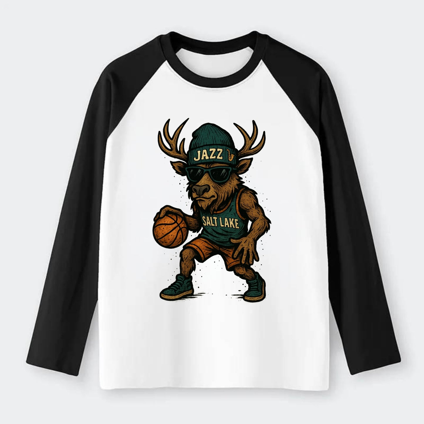 Salt Lake Elk wearing Jazz beanie with saxophone patch and wayfarer - Raglan Long Sleeve T-Shirt - Black