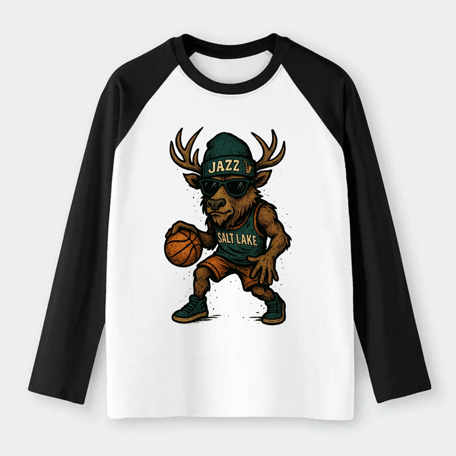 Salt Lake Elk wearing Jazz beanie with saxophone patch and wayfarer - Raglan Long Sleeve T-Shirt - Black