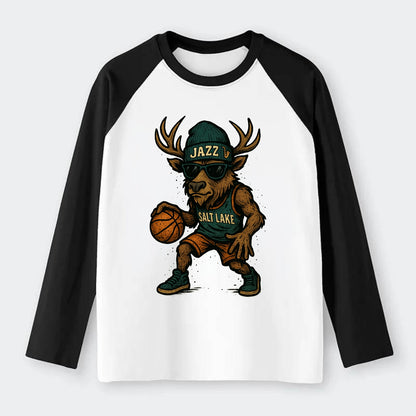 Salt Lake Elk wearing Jazz beanie with saxophone patch and wayfarer - Raglan Long Sleeve T-Shirt - Black