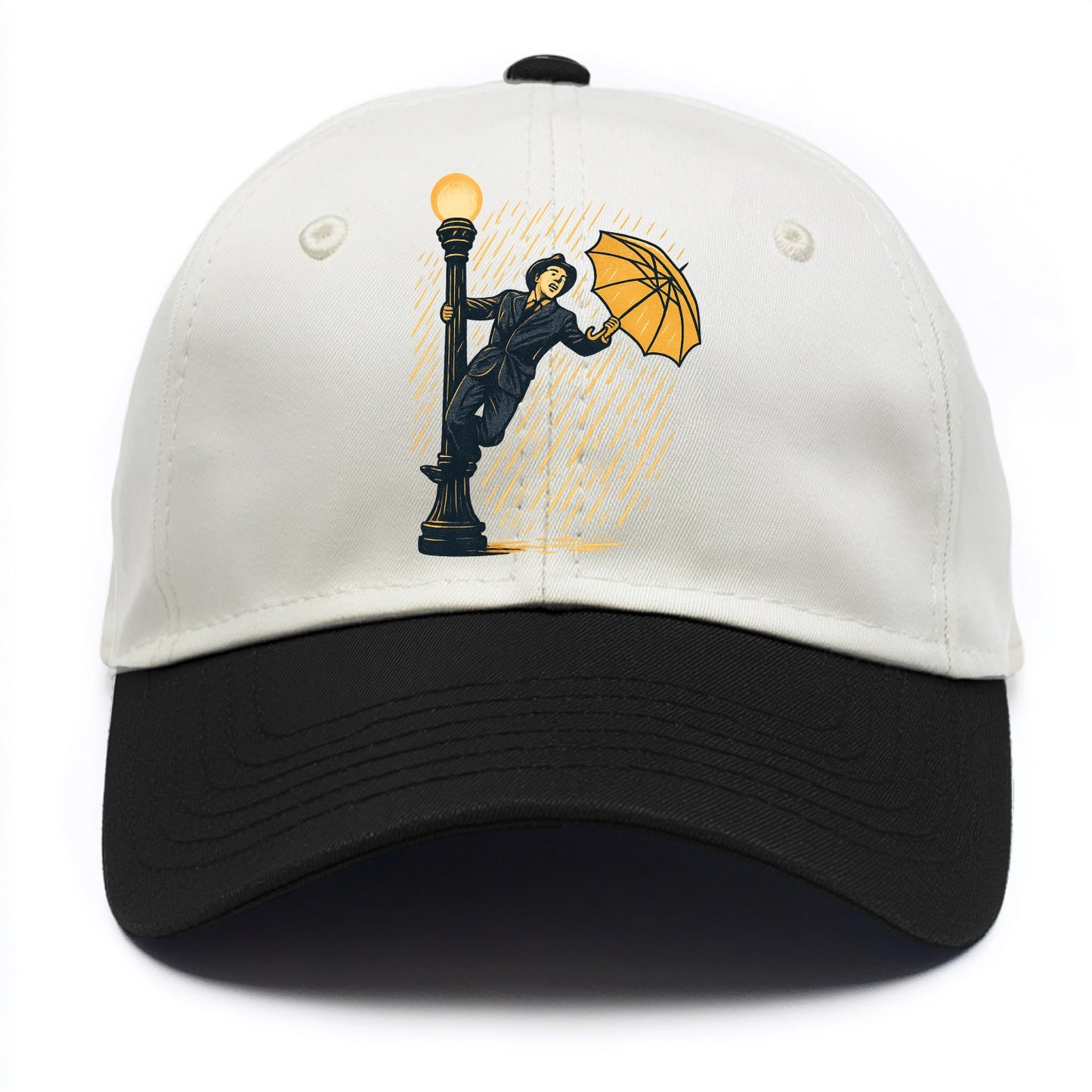 joyful dancing on lamppost in heavy rain with big smile - Two Tone Cap - Black