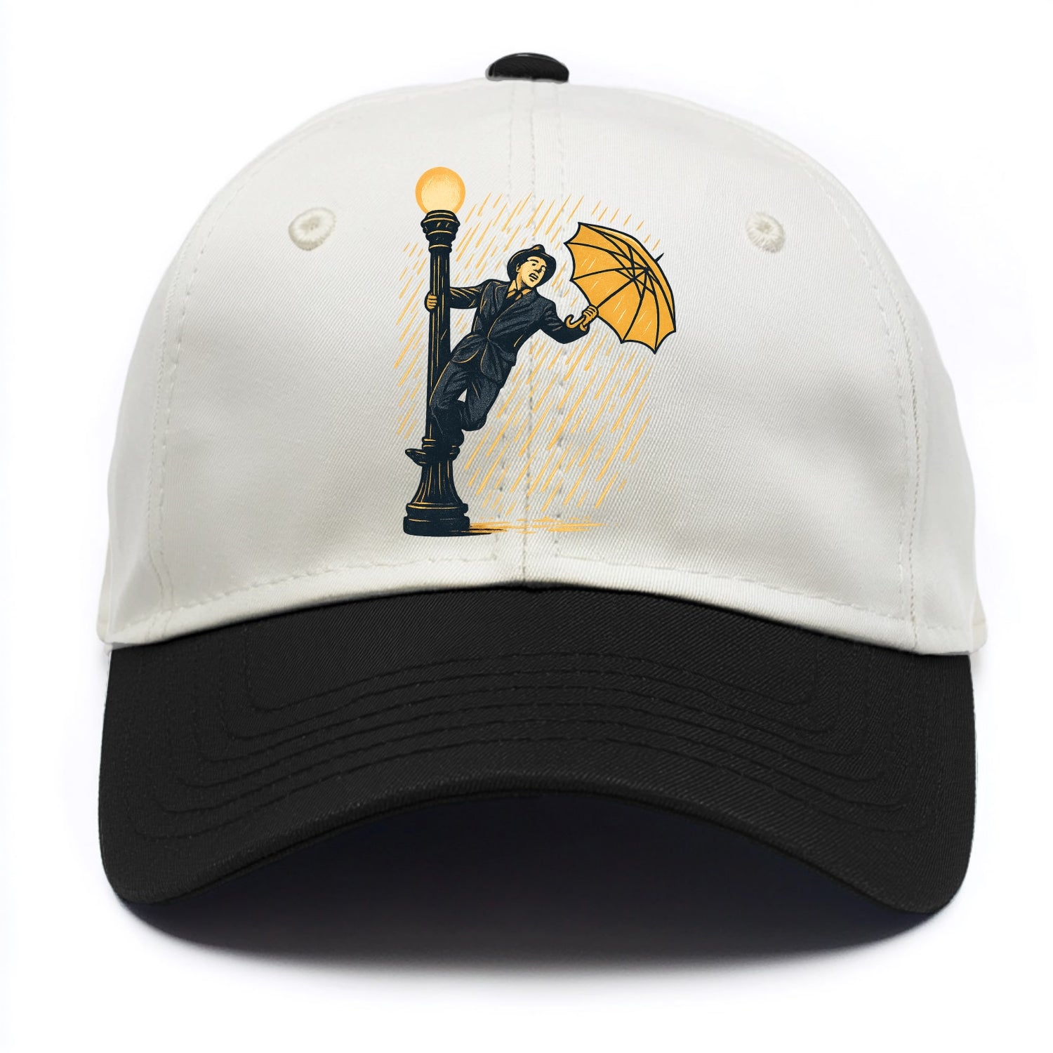 joyful dancing on lamppost in heavy rain with big smile - Two Tone Cap - Black