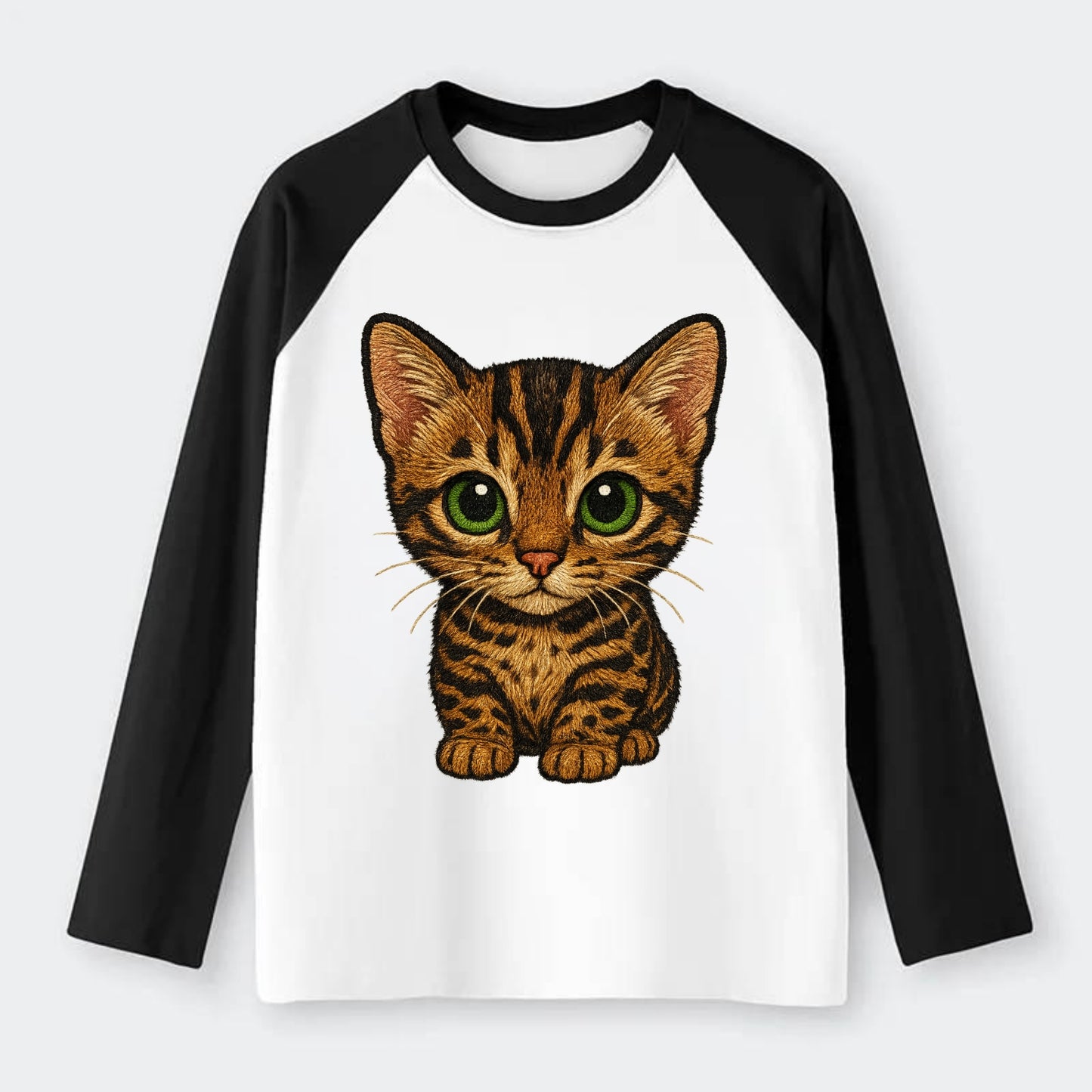 Baby Bengal Kitten - spotted/marbled wild coat, green eyes, athletic - Raglan Long Sleeve T-Shirt - Black