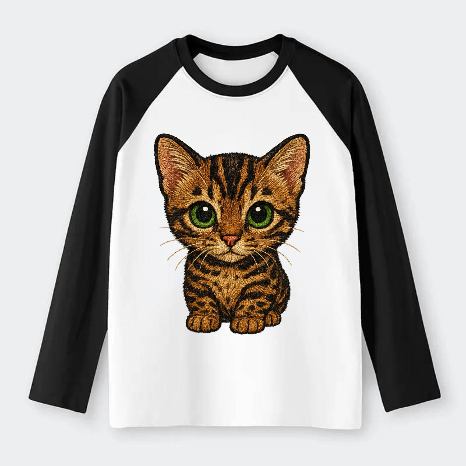 Baby Bengal Kitten - spotted/marbled wild coat, green eyes, athletic - Raglan Long Sleeve T-Shirt - Black