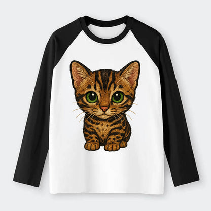 Baby Bengal Kitten - spotted/marbled wild coat, green eyes, athletic - Raglan Long Sleeve T-Shirt - Black