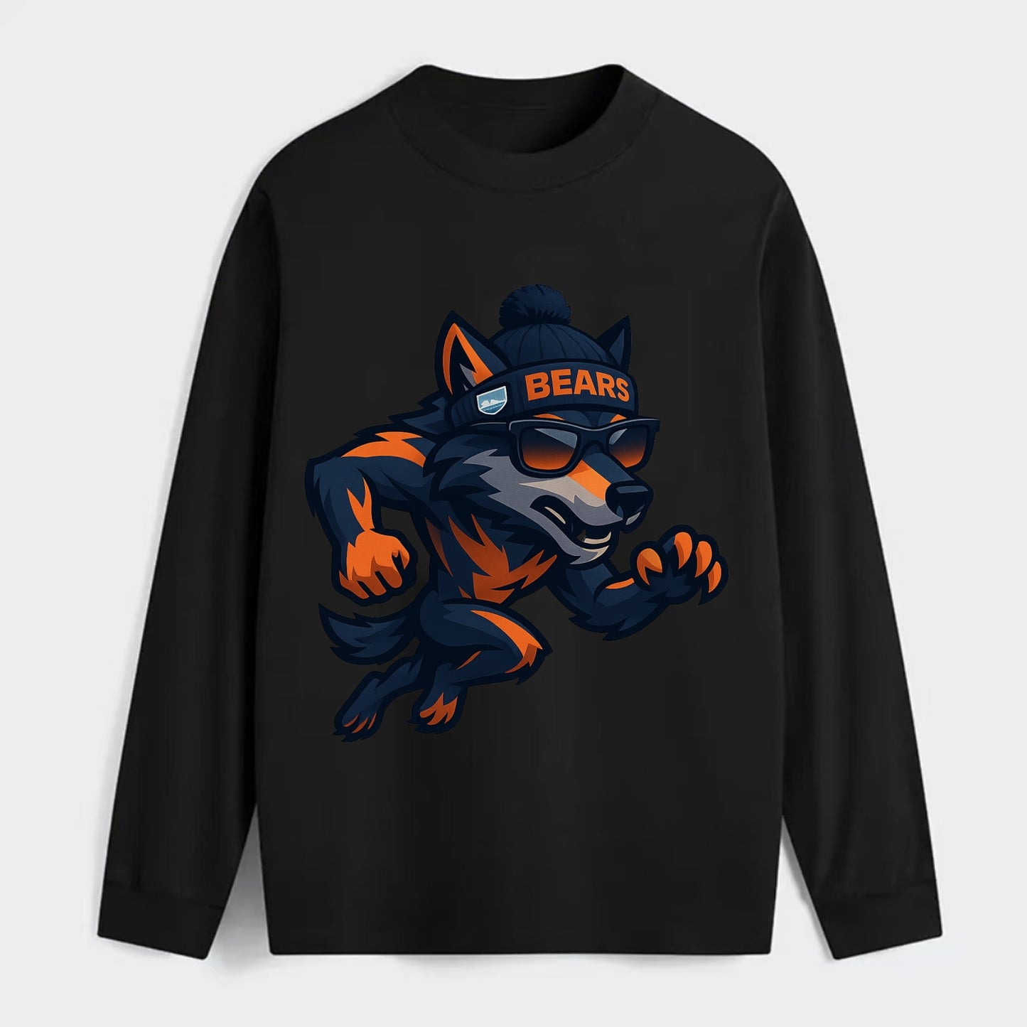 Chicago Wolf wearing Bears beanie with Lake Michigan patch and wayfarer - Classic Long Sleeve Shirt - Black