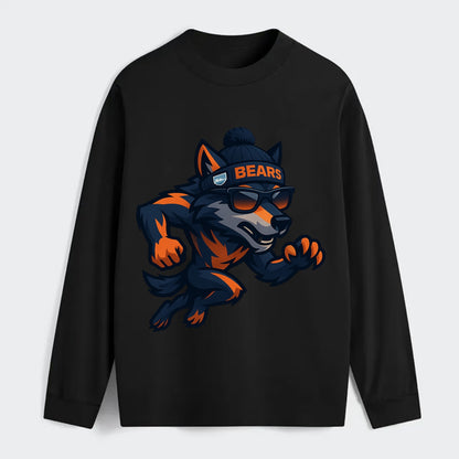 Chicago Wolf wearing Bears beanie with Lake Michigan patch and wayfarer - Classic Long Sleeve Shirt - Black