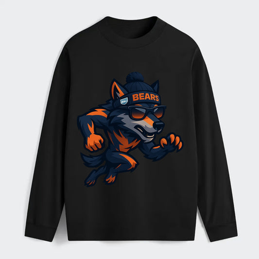 Chicago Wolf wearing Bears beanie with Lake Michigan patch and wayfarer - Classic Long Sleeve Shirt - Black