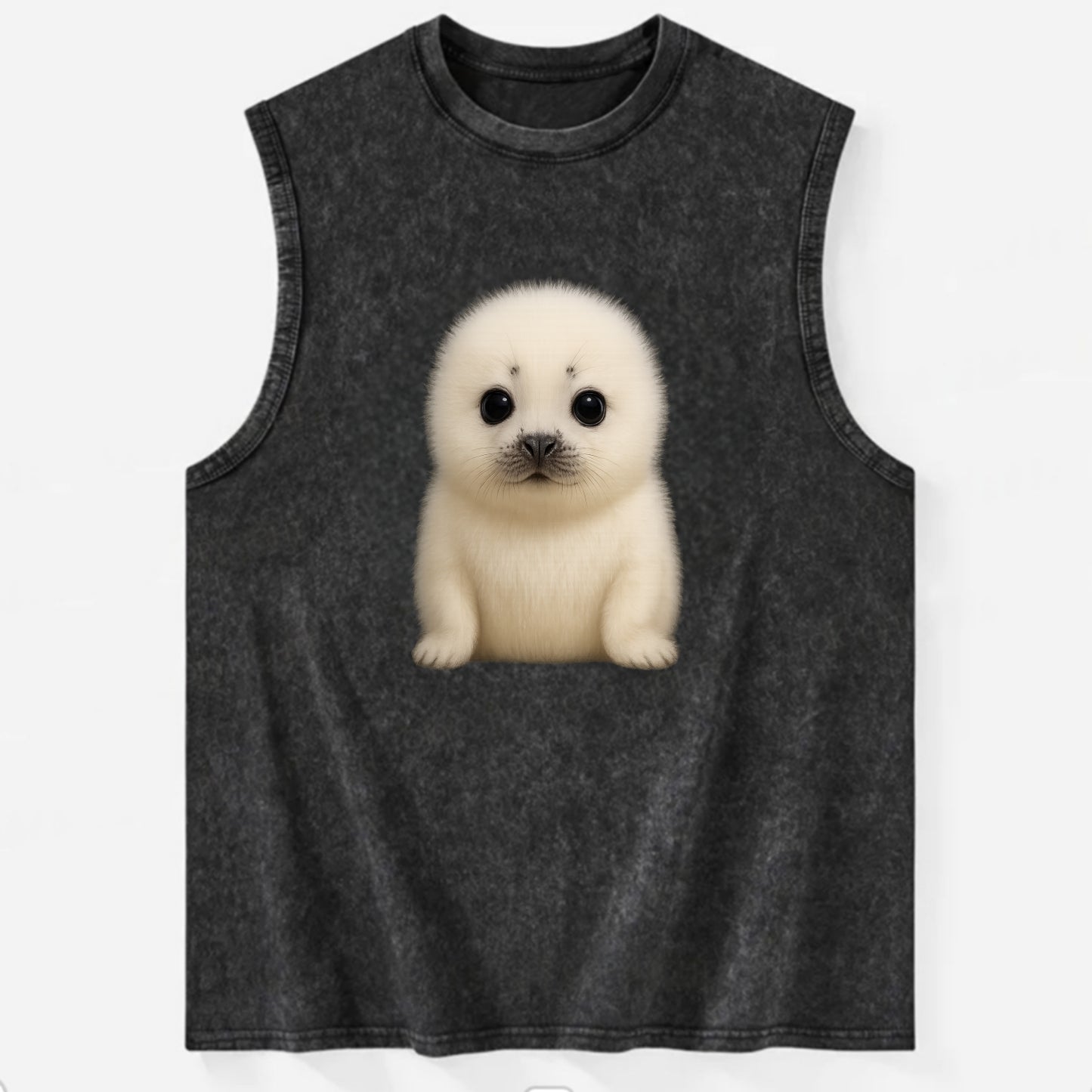 Baby Harp Seal - pure white fluffy fur, enormous dark eyes, front-facing, - Vintage Washed Tank - Black