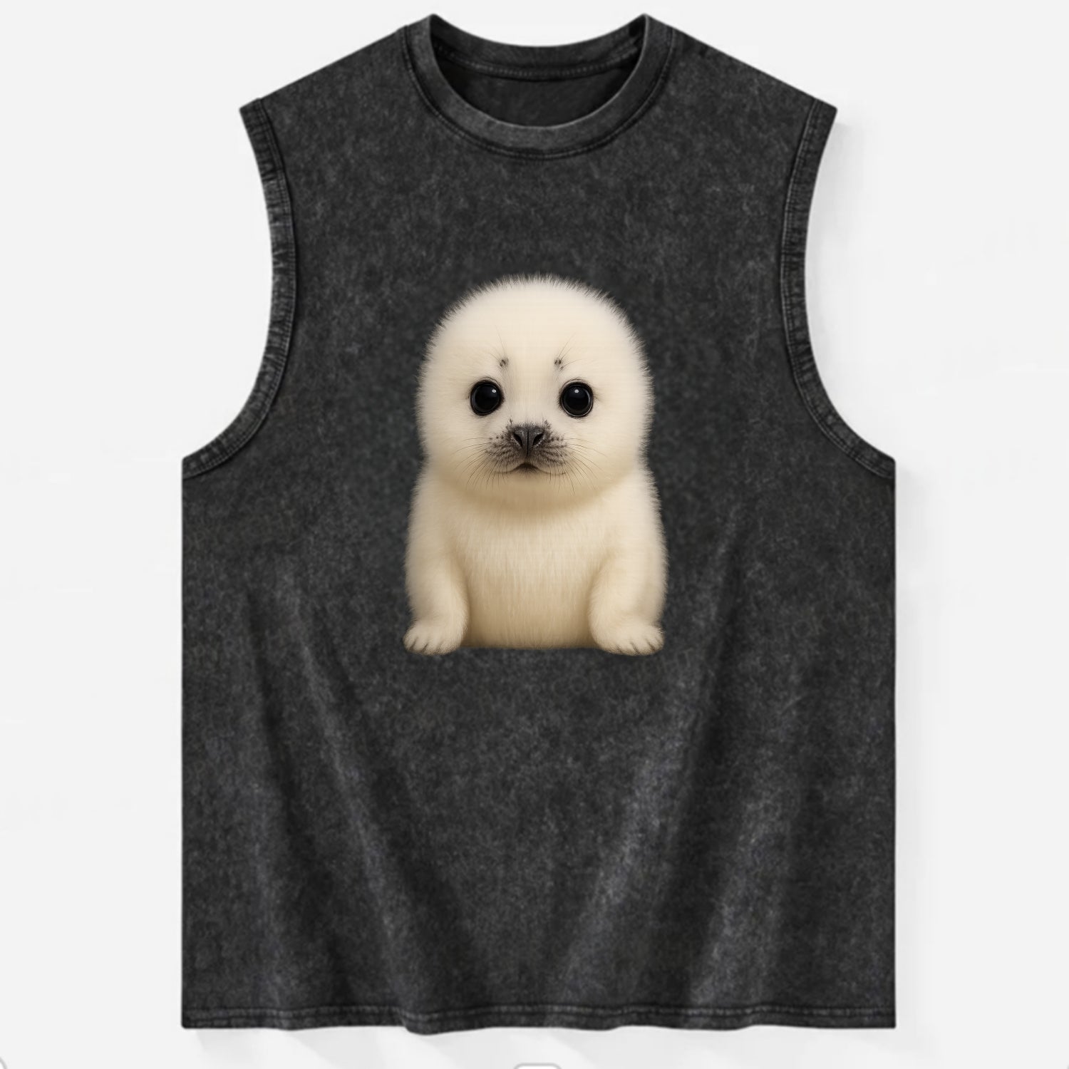 Baby Harp Seal - pure white fluffy fur, enormous dark eyes, front-facing, - Vintage Washed Tank - Black