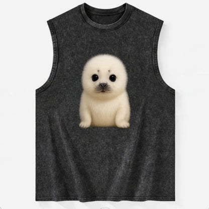 Baby Harp Seal - pure white fluffy fur, enormous dark eyes, front-facing, - Vintage Washed Tank - Black