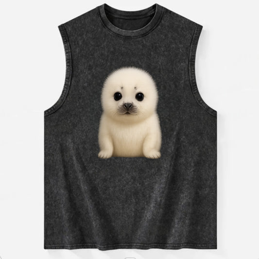 Baby Harp Seal - pure white fluffy fur, enormous dark eyes, front-facing, - Vintage Washed Tank - Black