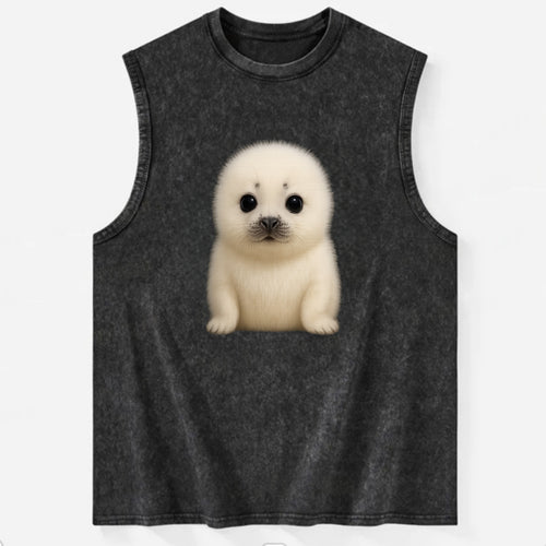 Baby Harp Seal - pure white fluffy fur, enormous dark eyes, front-facing, - Vintage Washed Tank