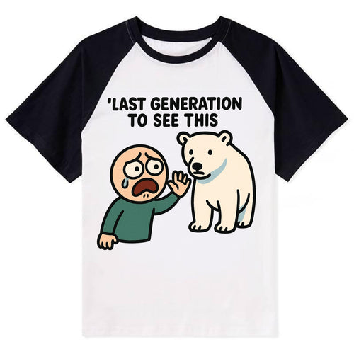 Person waving goodbye to polar bear - Last generation to see this - - Contrast Raglan T-shirt