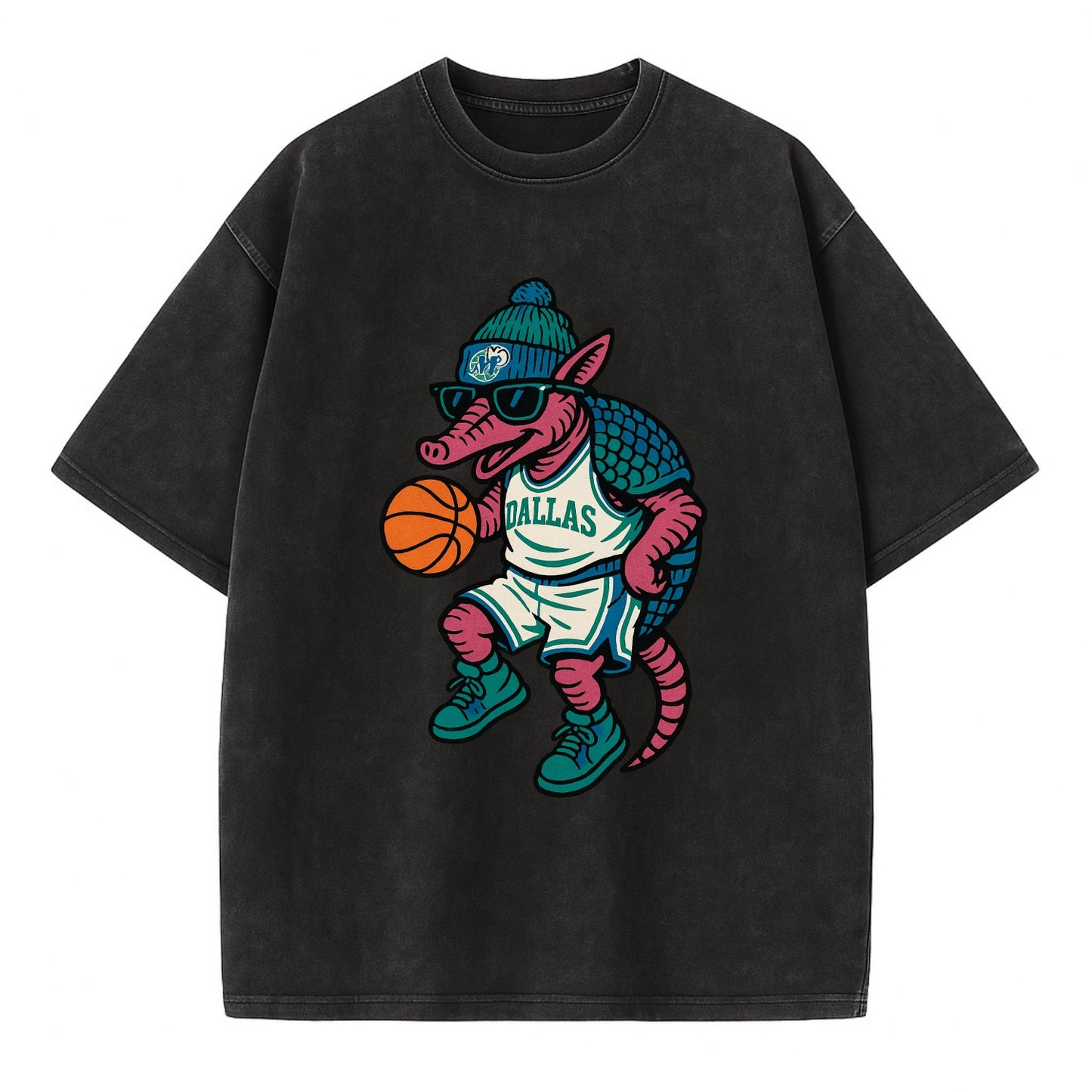 Dallas Armadillo wearing Mavericks beanie with cowboy hat patch and wayfarer - Vintage T-shirt - Black