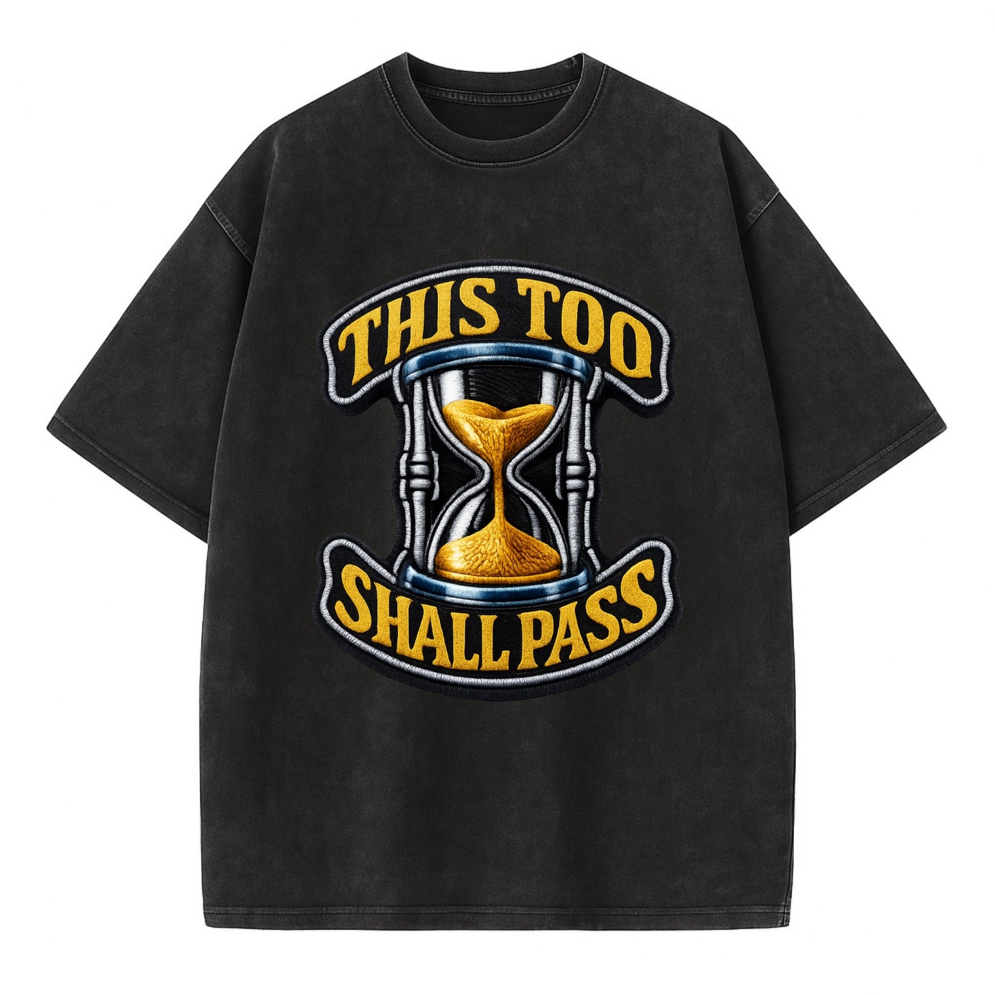 THIS TOO SHALL PASS - hourglass with text in gold , perspective - Vintage T-shirt - Black