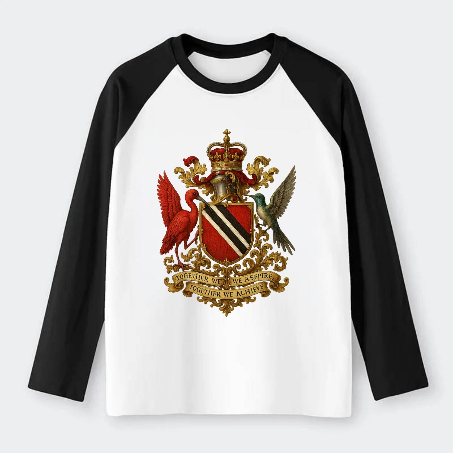 Trinidad Scarlet Ibis Emblem - Raglan Long Sleeve T-Shirt - Black