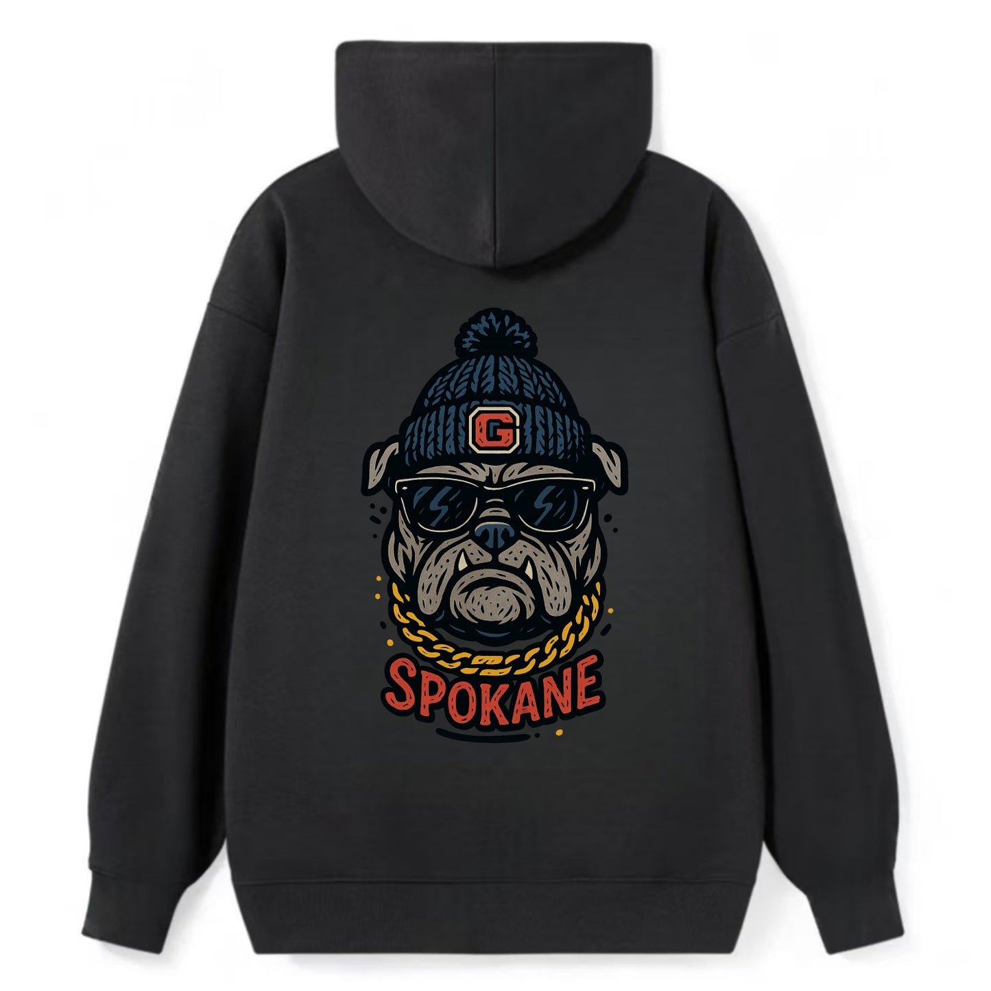 Spokane Bulldog wearing Gonzaga beanie with G patch - Classic Pullover Hoodie - Black