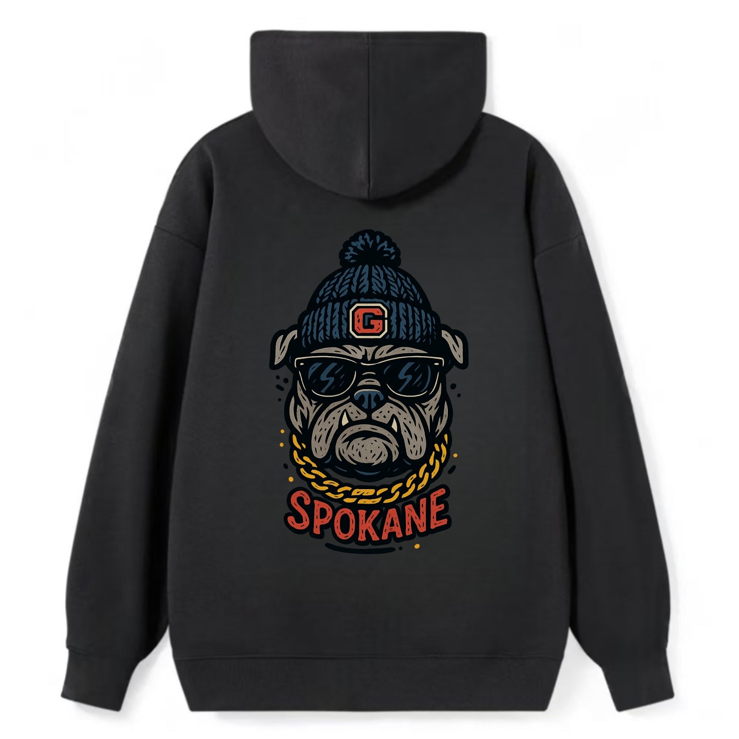 Spokane Bulldog wearing Gonzaga beanie with G patch - Classic Pullover Hoodie - Black