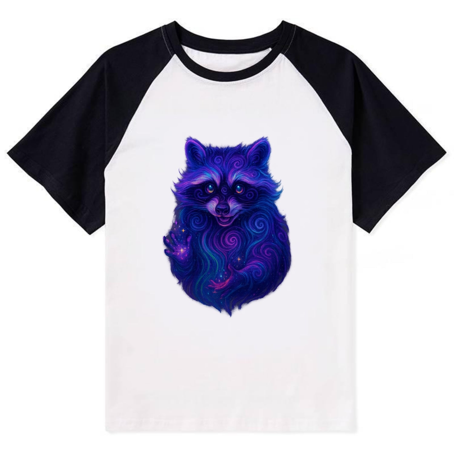 Playful raccoon with mask swirling in hypnotic patterns, neon purple and - Contrast Raglan T-shirt - Black