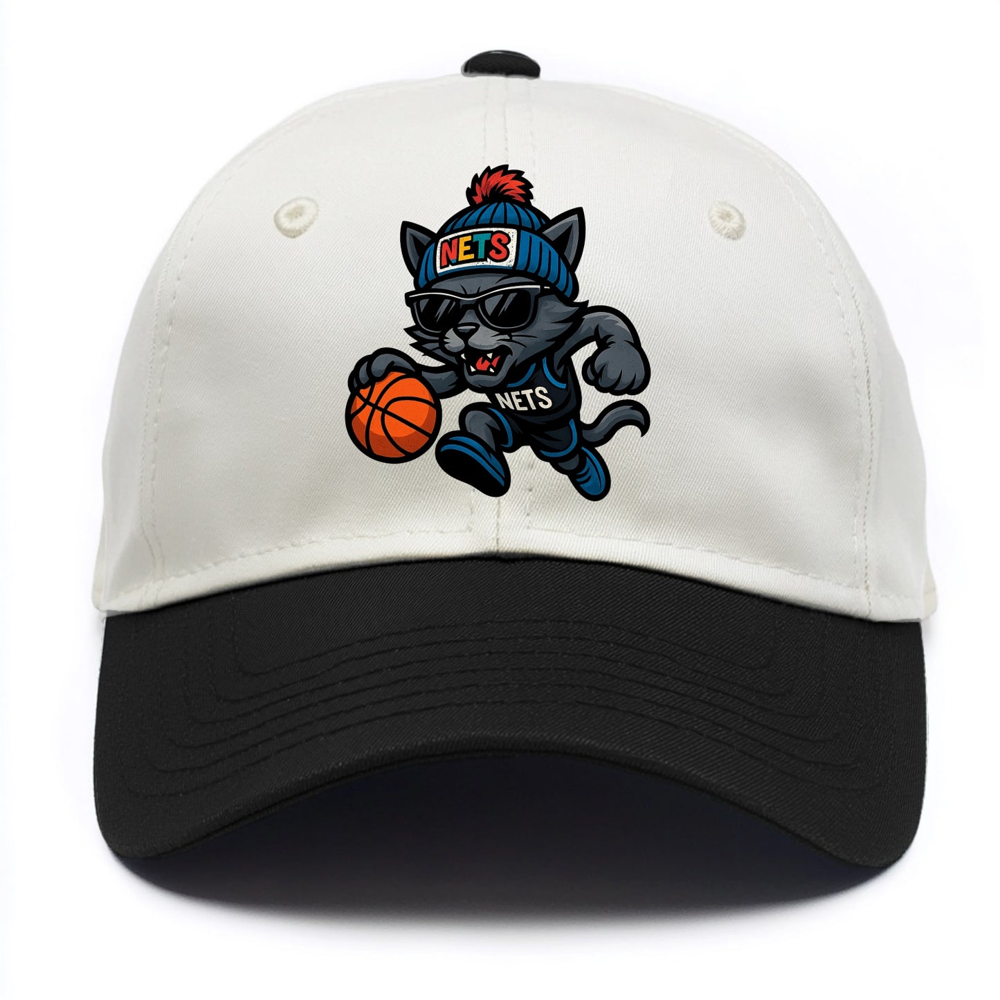 Brooklyn Cat wearing Nets beanie with street art patch and wayfarer sunglasses - Two Tone Cap - Black