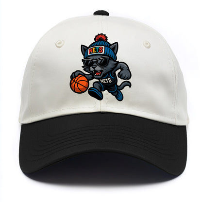 Brooklyn Cat wearing Nets beanie with street art patch and wayfarer sunglasses - Two Tone Cap - Black