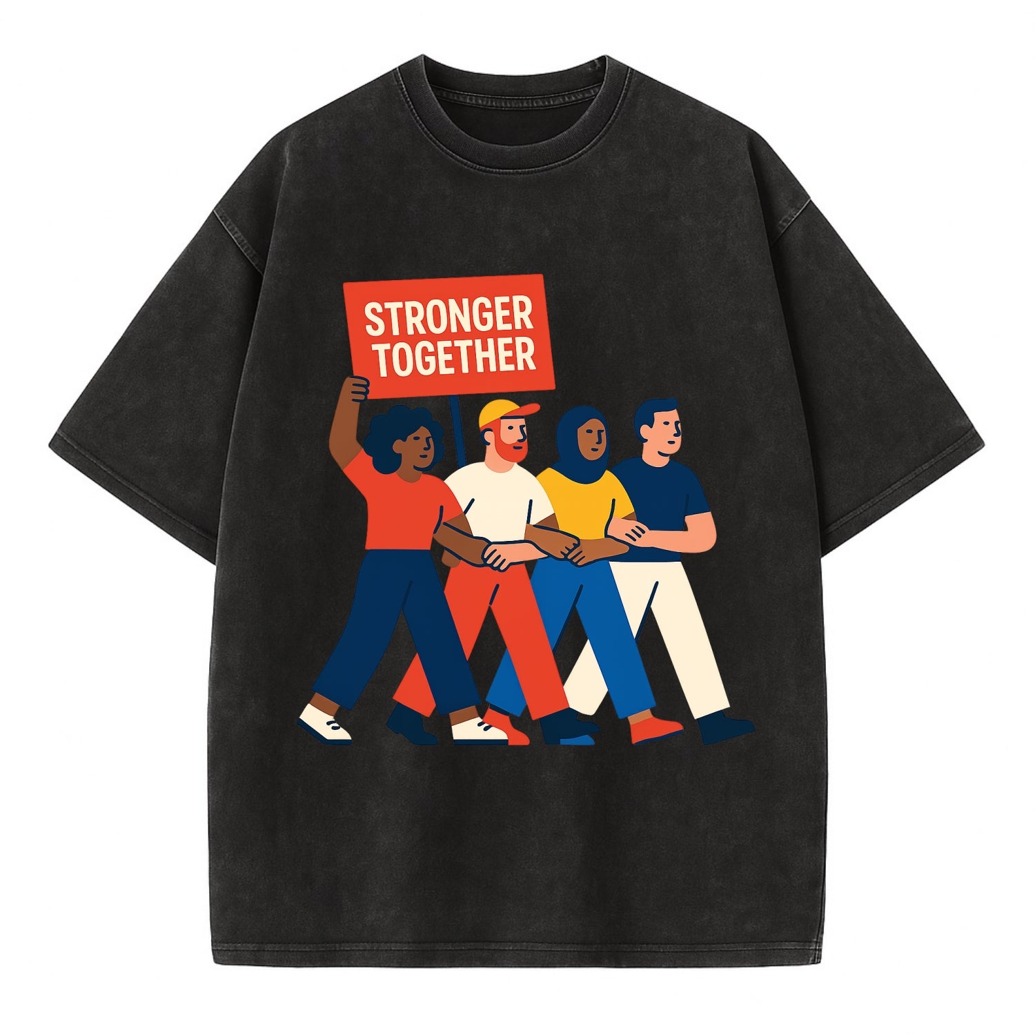 Peaceful protesters marching with linked arms - "Stronger Together" - solidarity - Vintage T-shirt - Black