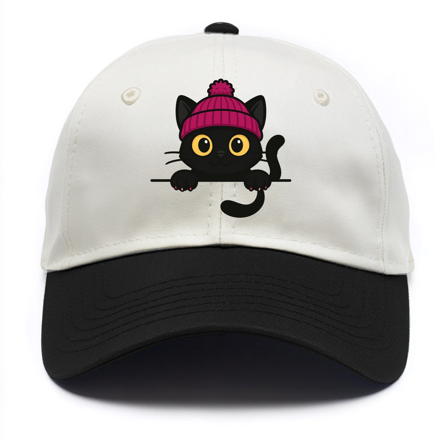 Midnight the black cat holding a tiny book labeled secrets against the ledge. - Two Tone Cap - Black