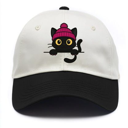 Midnight the black cat holding a tiny book labeled secrets against the ledge. - Two Tone Cap - Black