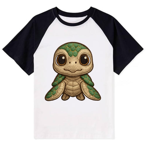 Baby Green Sea Turtle - emerald shell, large innocent brown eyes, tiny - Contrast Raglan T-shirt
