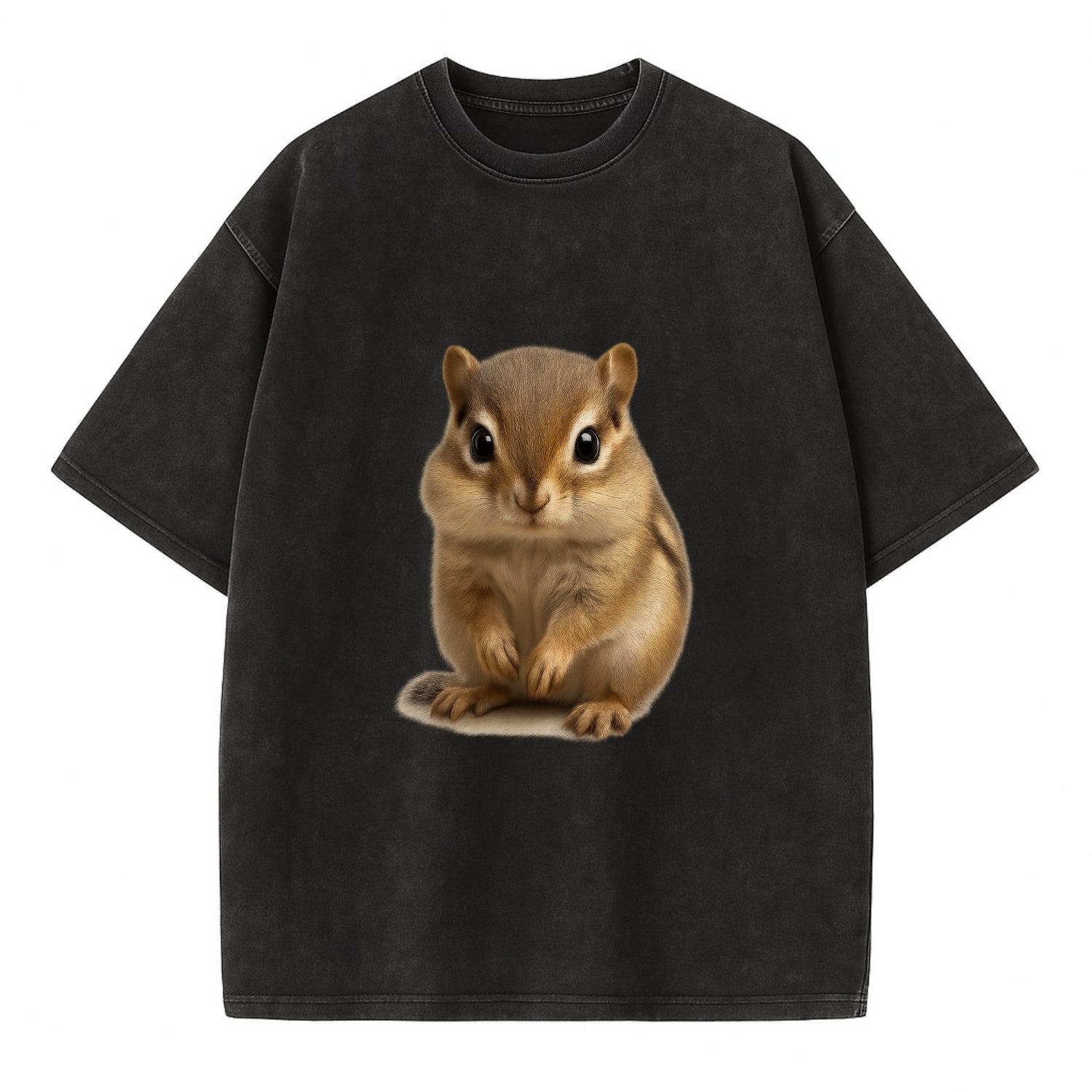 Baby Chipmunk - striped back, cheek pouches, tiny paws, bright eyes, - Vintage T-shirt - Black