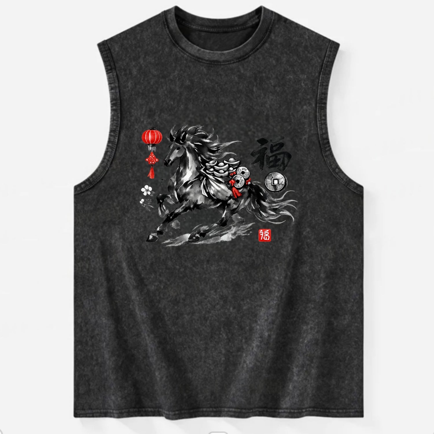 PROSPERITY HORSE | Horse carrying gold ingots and coins | Chinese knot - Vintage Washed Tank - Black